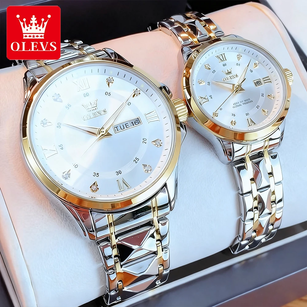 OLEVS ساعات الزوجين الاتجاه موضة الفولاذ المقاوم للصدأ العلامة التجارية الأعلى الأصلي كوارتز ساعة اليد مقياس مزدوج تاريخ الأسبوع مقاوم للماء 2906cp