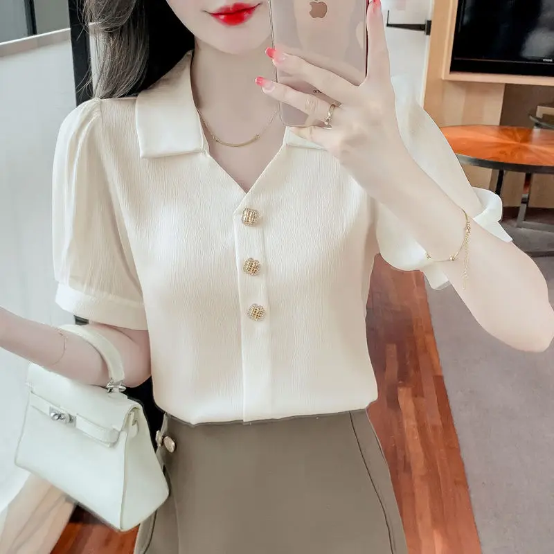 V-neck Short Sleeved Chiffon Shirt Women\'s Summer New Fashionable Temperament Office Versatile Single-breasted Lady Shirt