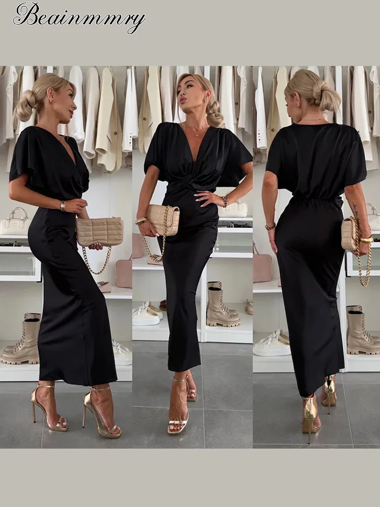 أنيقة الساتان الخامس الرقبة قصيرة الأكمام ماكسي فساتين النساء الصلبة عالية الخصر Bodycon فستان طويل سيدة شيك حفلة الشارع فيستدوس #4