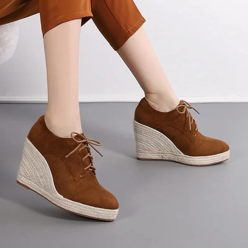 

2025 Autumn and Winter New Women's Wedges Pumps Thick-soled Lace-up Shoes Espadrilles High-heeled Thick-heeled Straw Woven