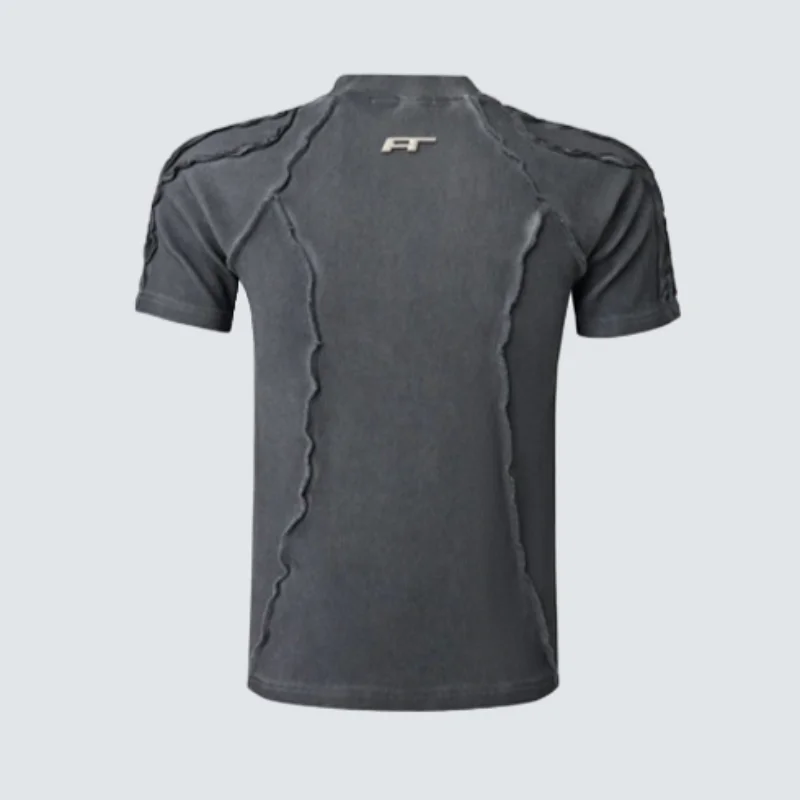 MWJLPWQ American-Style Wavy Frayed Edge Ribbed T-Shirt Male Vintage Washed Metal Slim-Fit Short-Sleeve Street Fashion Top 20087