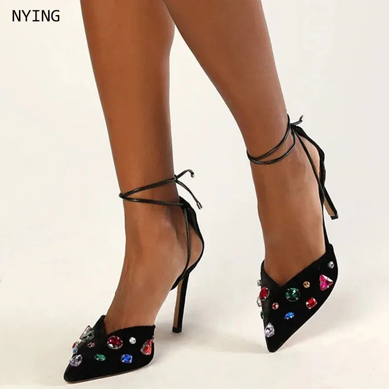 

2025 Spring New Women Sandal Fashion Rivet Pointed Toe Ladies Elegant Lace UpShoes Thin High Heel Pumps 44