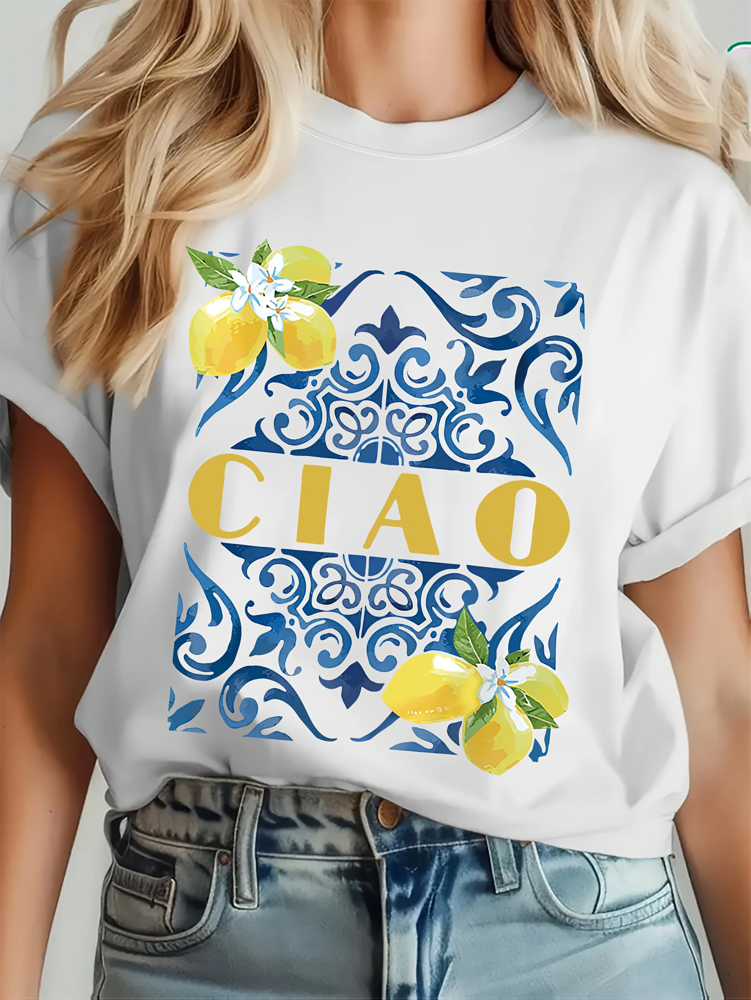 

Women's Casual Ciao Lemon Floral Graphic Print T-Shirt - Breathable Semi-Sheer Round Neck Summer Top, Machine Washable White Tee
