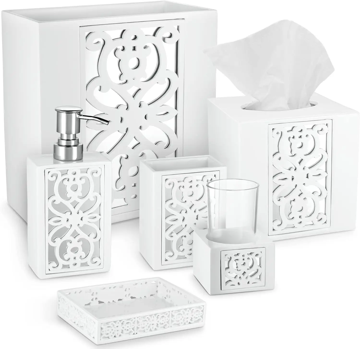 

6-Piece Bathroom Accessories Set with Soap Dispenser, Toothbrush Holder, Cup, Dish, Tissue Cover, and Wastebasket