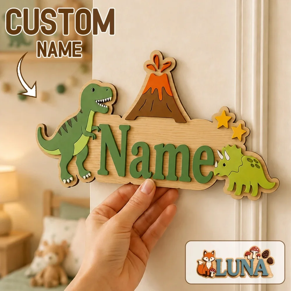 Custom 2-Layer Wooden Name Sign, 3D Raised Personalized Name Door Plaque,Printed Forest & Dinosaur Animal Pattern for Wall Decor
