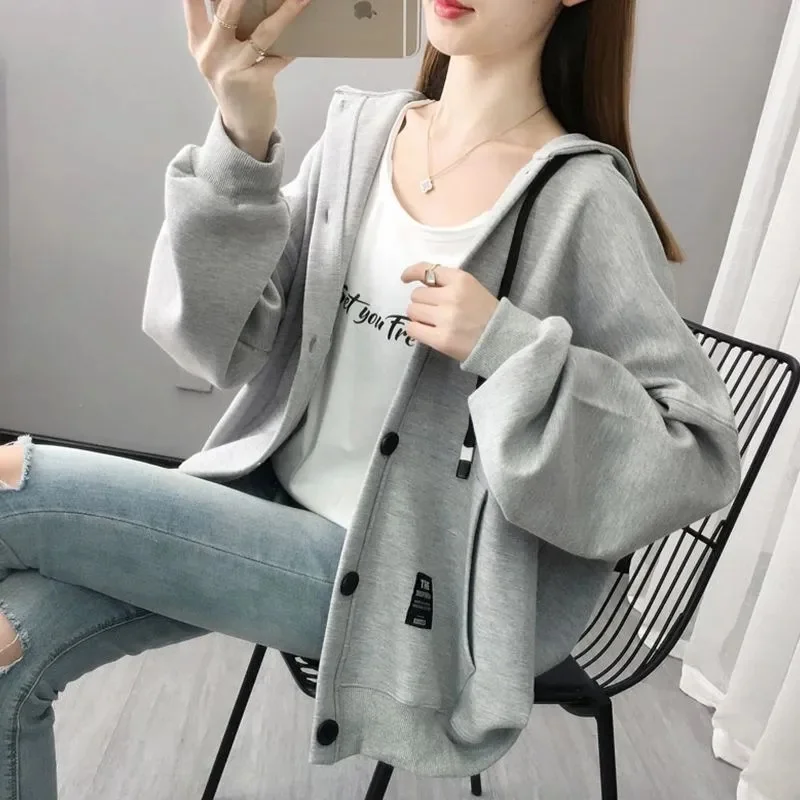 

2024 Female Hooded Sweatershirts Coat Korean Women Solid Color Hoodies Cardigan Tops New Ladies Versatile Sweatshirt Outerwear