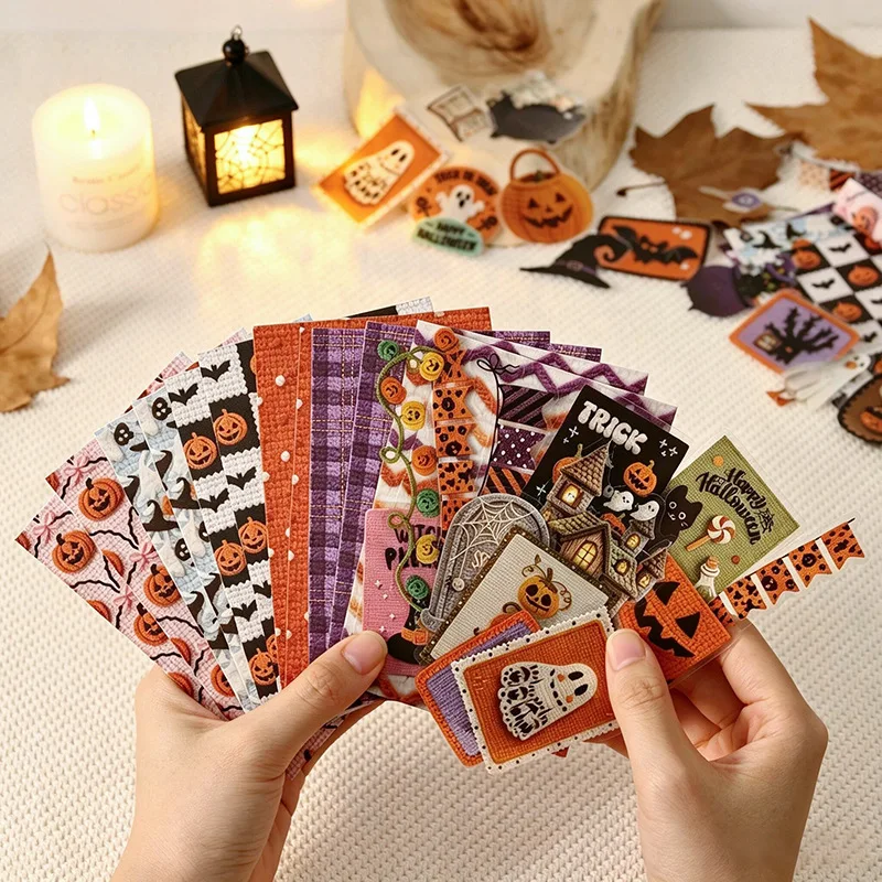 100 sheets Halloween Simulation Crochet Sticker Pack Retro Handmade Decals for Journal Scrapbooking DIY Craft Supplies