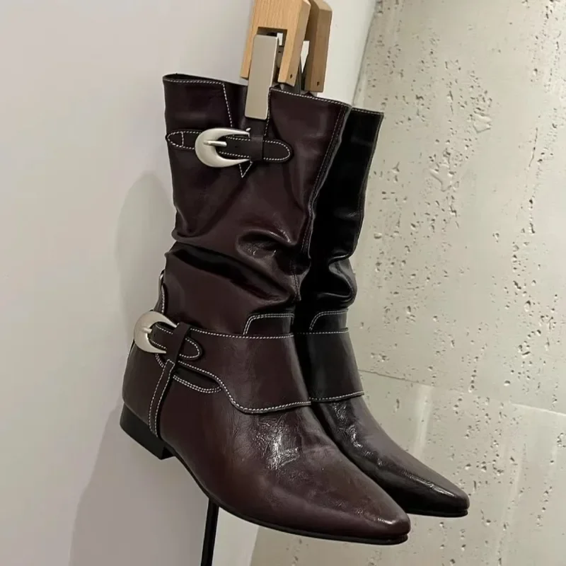 

Рыцарские сапоги в стиле ретро, осенние новые модные ботинки с острым носком, металлическая пряжка на ремне внутри, повышенная, противоскользящая, износостойкая, средняя часть