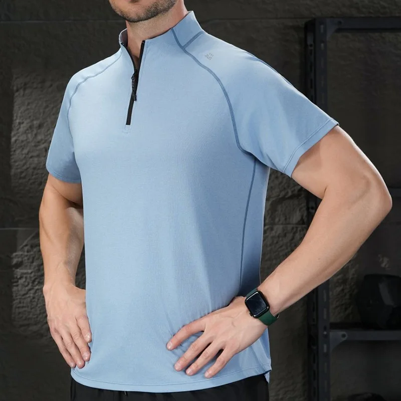 

Men's T-shirt Summer Zipper Neck Male Tops Tee Gyms Fitness Casual Fashion Cotton-Feel Breathable Mesh Night Running Reflective