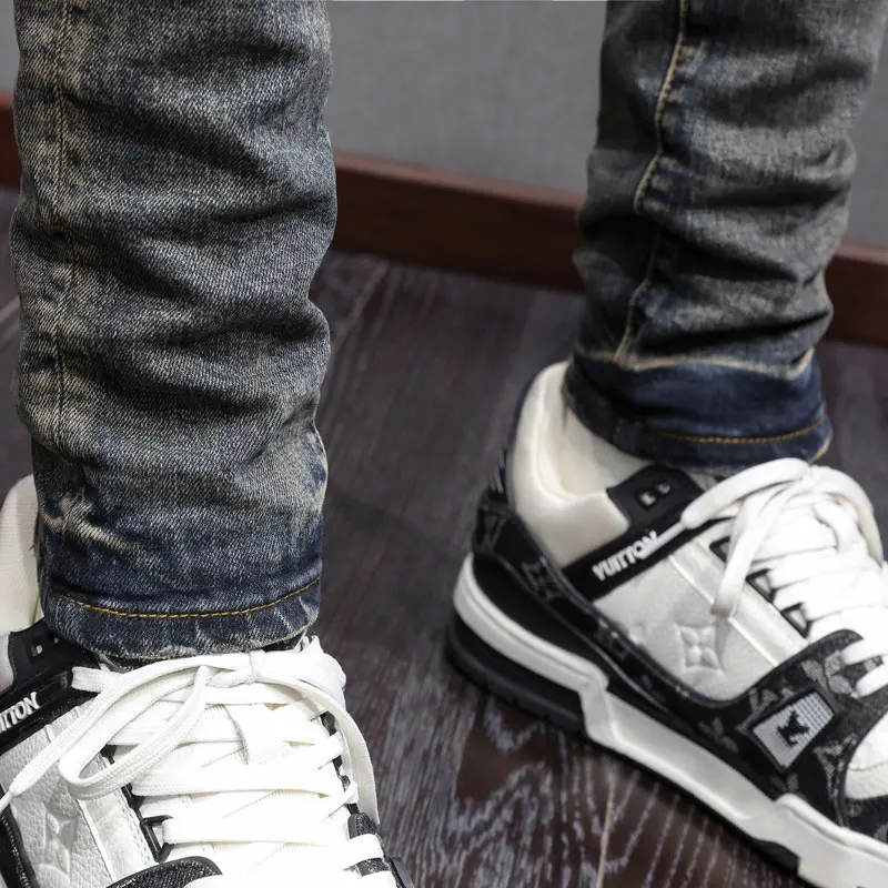 Street Fashion Men Jeans Retro Washed Stretch Skinny Fit Leather Patched Ripped Jeans Men Brand Designer Hip Hop Y2K Denim Pants