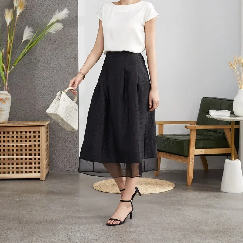 

25mm Gambiered Guangdong Gauze Tortoise-print New Black Midi Pocket Elasticated Knee-length Mulberry Silk Skirt