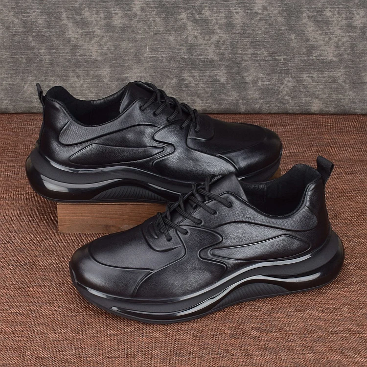 Trendy Real Genuine Leather Shoes Men Luxury Design Sneakers Casual Thick Sole Travel Sports Jogging Running Black High Quality