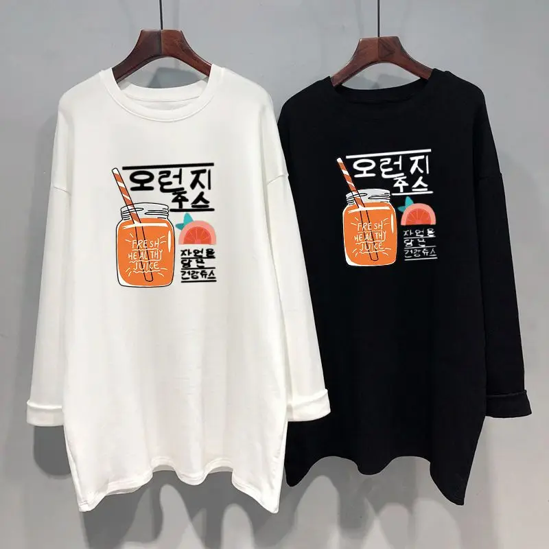 女性用長袖ラウンドネックTシャツ,ルーズフィット,カジュアル,韓国のファッション,プリント,春