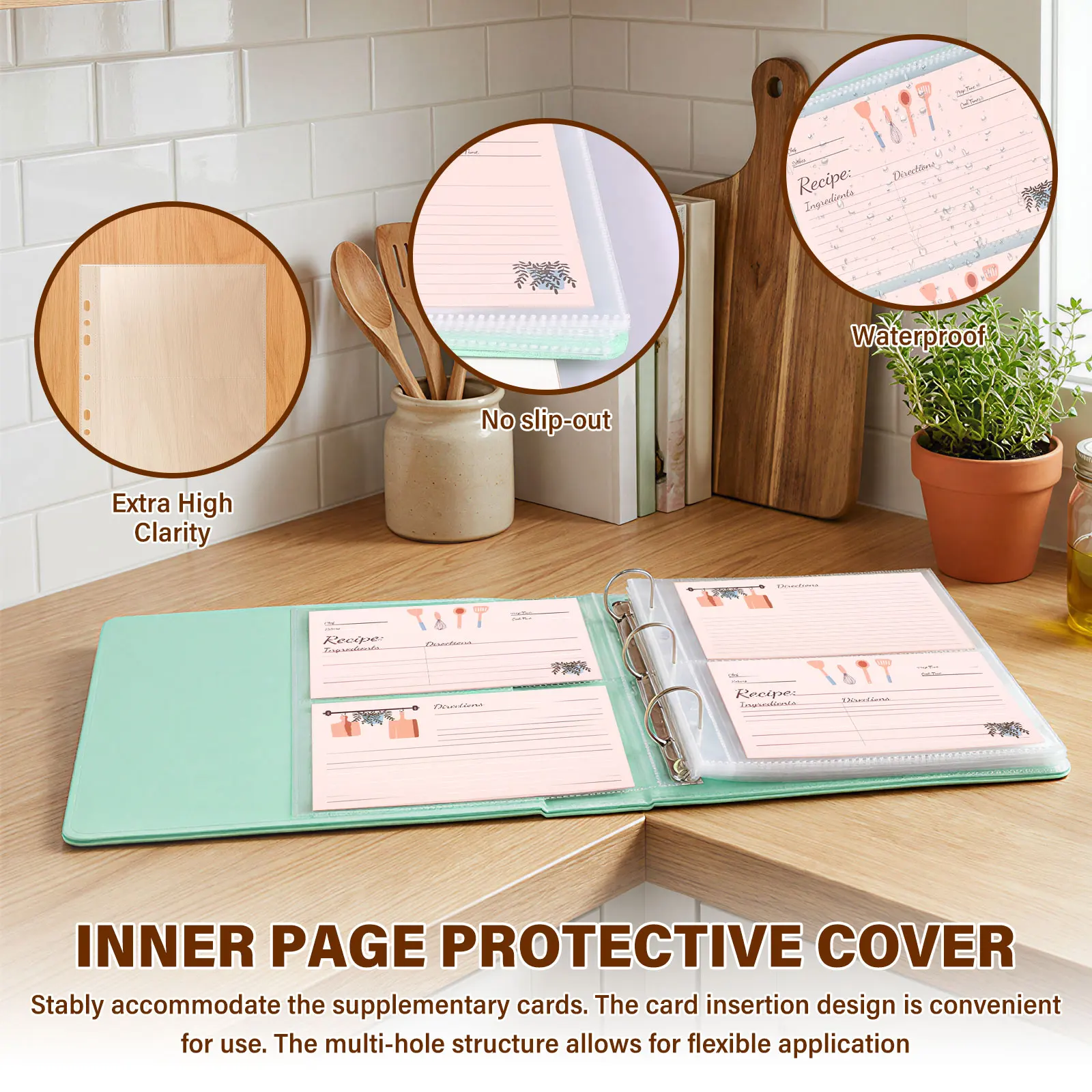50Pcs Binder Binder with Recipe Card and Storage Loose Leaf Cover Clear Page 2 Grid Binder Collect Book Organizer Keepsake Album