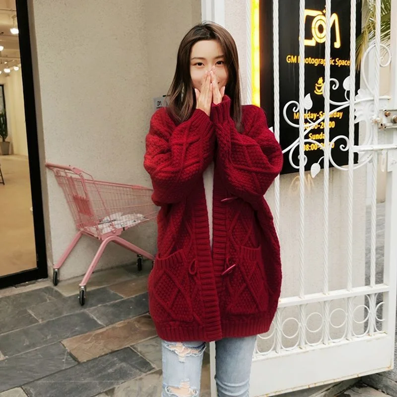 Korean Horn Button Sweater Women Autumn Winter Outer Cardigan Mid-length Loose Thick Line Thickened Lazy Style Knitted Jacket