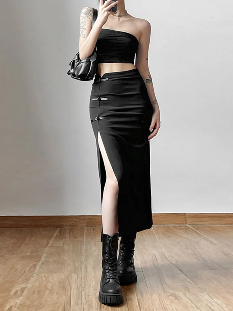 

Black Sexy Split Simple Casual All-Match Hot Street Outing Cool Mature Vitality Personality Trend Basic Women'S Skirt