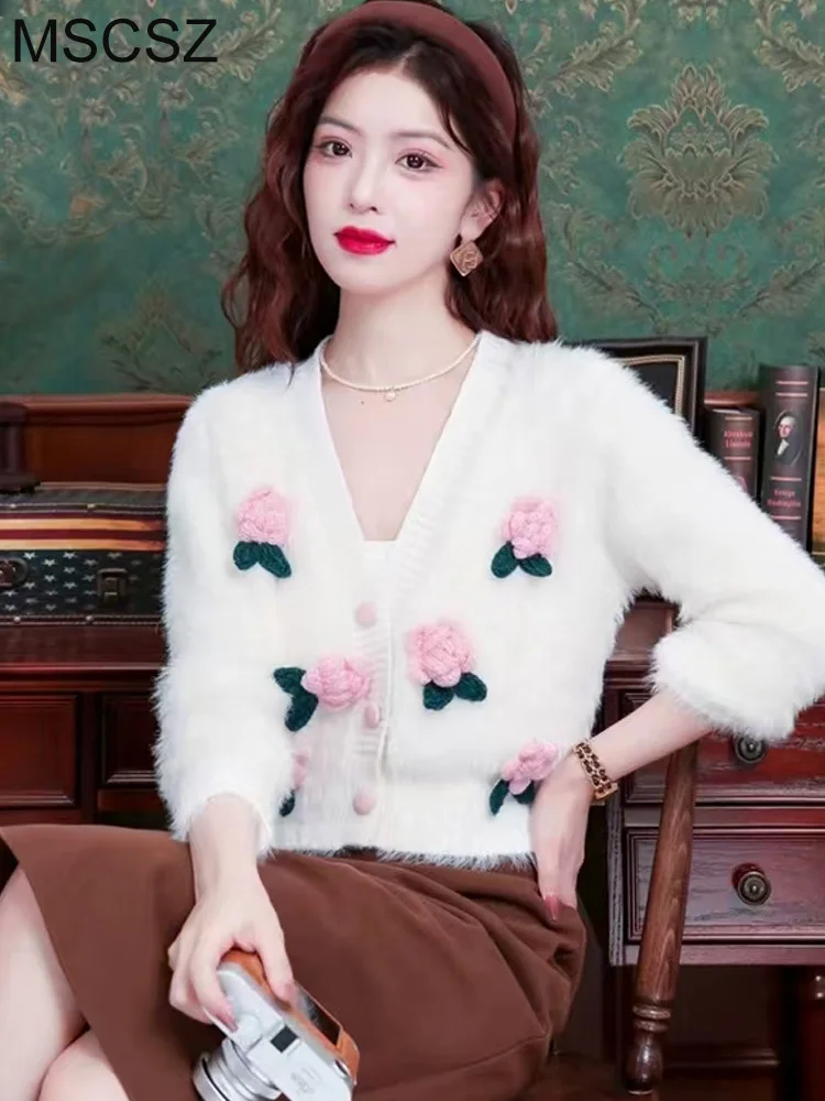 MSCSZ Flowers Applique Knitted Cardigan Sweater Woman V-Neck Mink Cashemre Fluffy Cardigans Korean Style Cropped Cadigan Coat