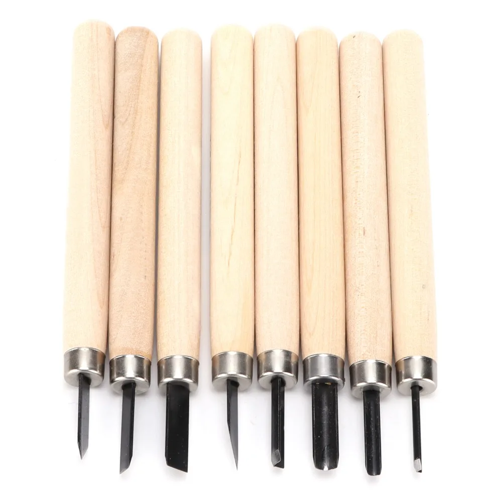 8pcs High Manganese Steel Wood Carving Knife Kit Wooden Handle Different Shapes Sizes Sculpting Knife Plastic Storage Box
