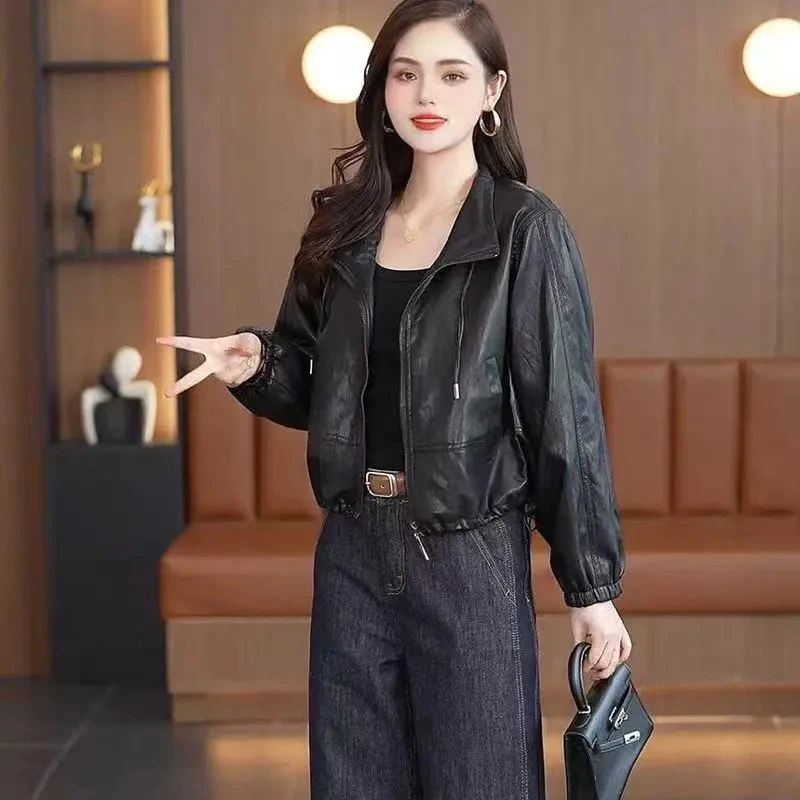 Chic Black Women Faux Leather Jacket Zip Up Lapel Collar Drawstring Hem Loose Oversized Pockets Streetwear Moto Outerwear Top
