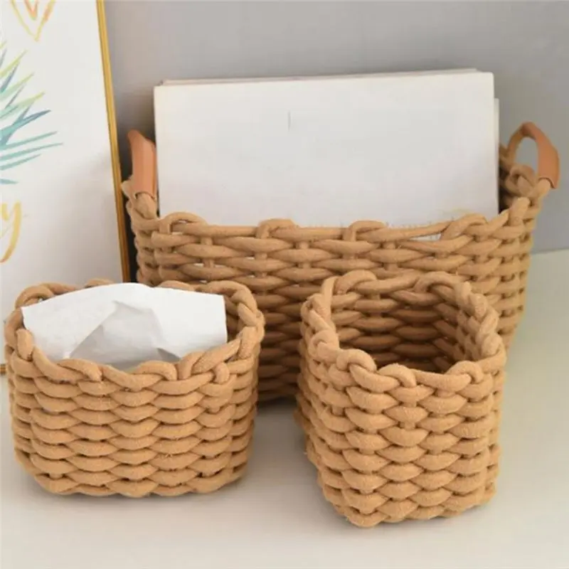 TFORU-Khaki Decorative Woven Cotton Rope Storage Baskets 3-Pack Nesting Organizer Bins With Handles