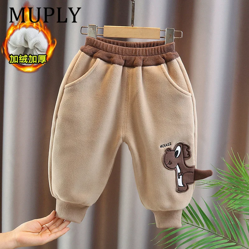 Thickened Fleece Lined Cotton Trousers for Kids Winter Warm Long Pants Unisex Cartoon Solid Color Soft Cotton Overalls