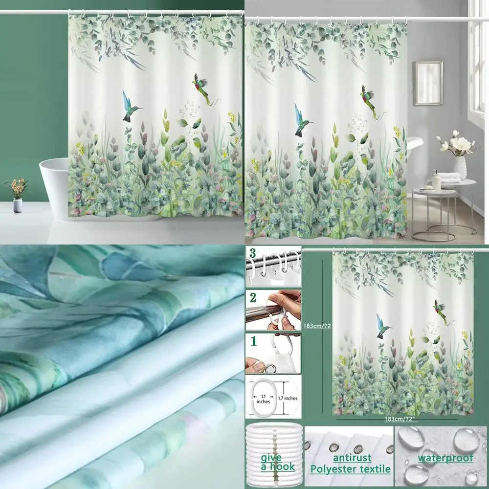 

Занавеска для душа с зеленым листом, изумрудная птица, мятно-зеленая, 72 дюйма x 72 дюйма, л с 12 крючками, занавеска для душа для ванной комнаты со взвешенным краем, колибри