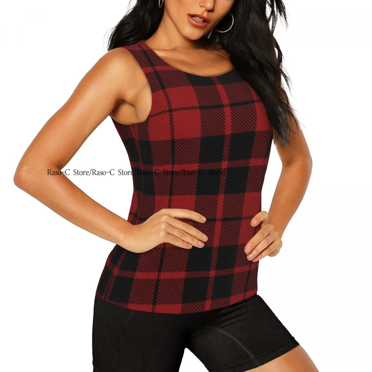 Women's Workout Tank Tops Quick Dry Sleeveless Running Athletic Shirts Red Plaid Tartan Print Gym Yoga Tops