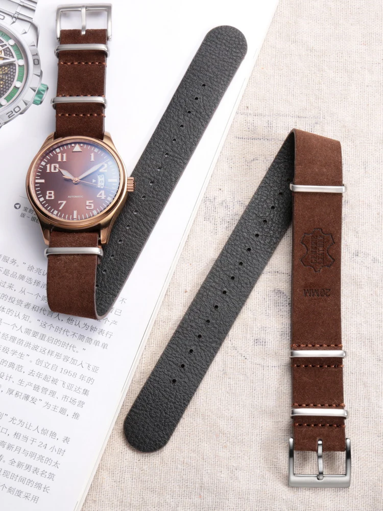 HEMSUT Genuine Leather Watch Band Suede One Piece Style Military Wrist Strap Vintage 18 20 22mm Replacement Wrap for Men Women