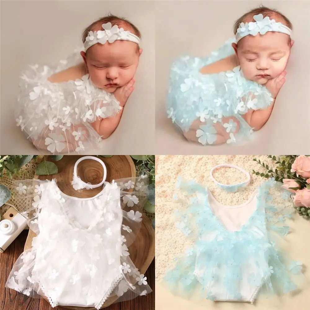 

Одежда для фотосъемки новорожденных с цветочной вышивкой, кружевной удобный детский комбинезон с повязкой на голову, комплект одежды из 2 предметов для детской фотосессии