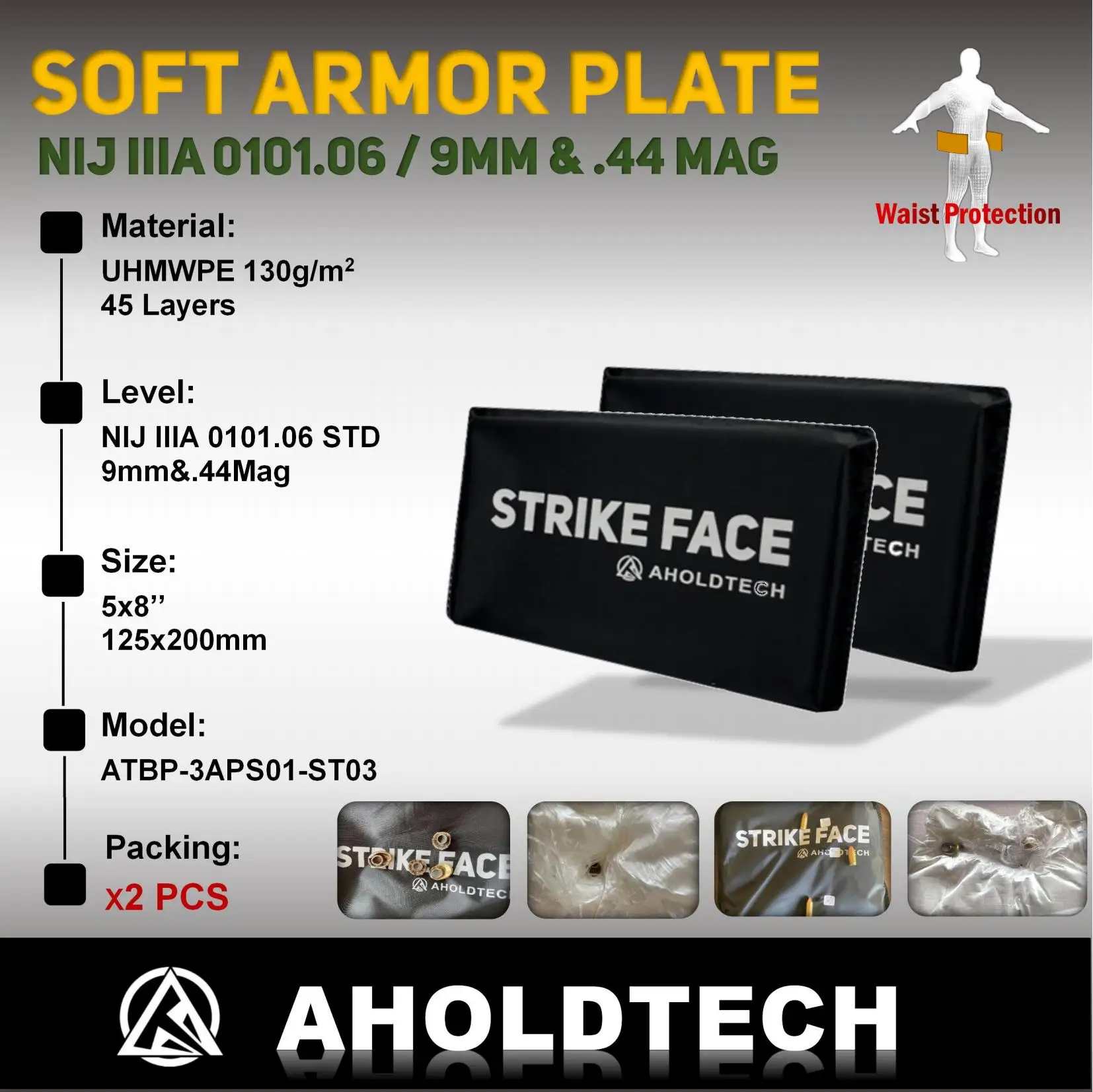 Aholdtech 2PCS ST03 5X8 125*200 NIJ IIIA 3A นุ่ม Bulletproof แผ่น Ballistic Vest Bulletproof Board ด้านข้างเอวเกราะแผง