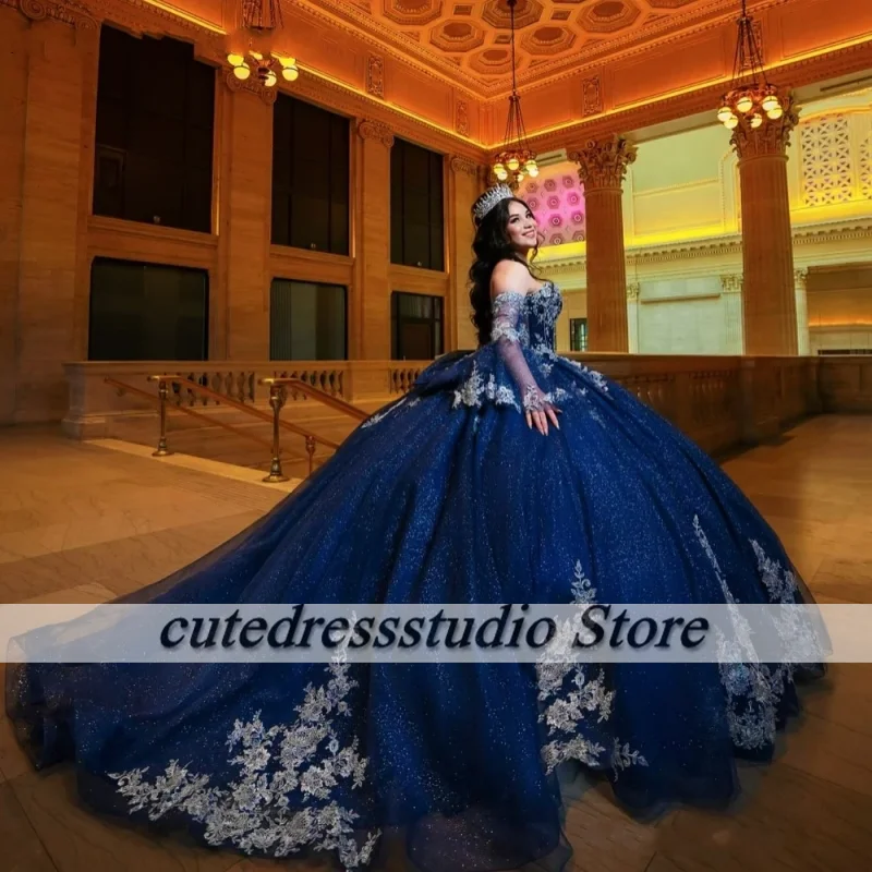 فساتين Quinceanera باللون الأزرق الداكن المذهل بأكمام قابلة للفصل ، مزين بالدانتيل ، مشد مزين بالخرز ، حلو 16 ، 15 سنة