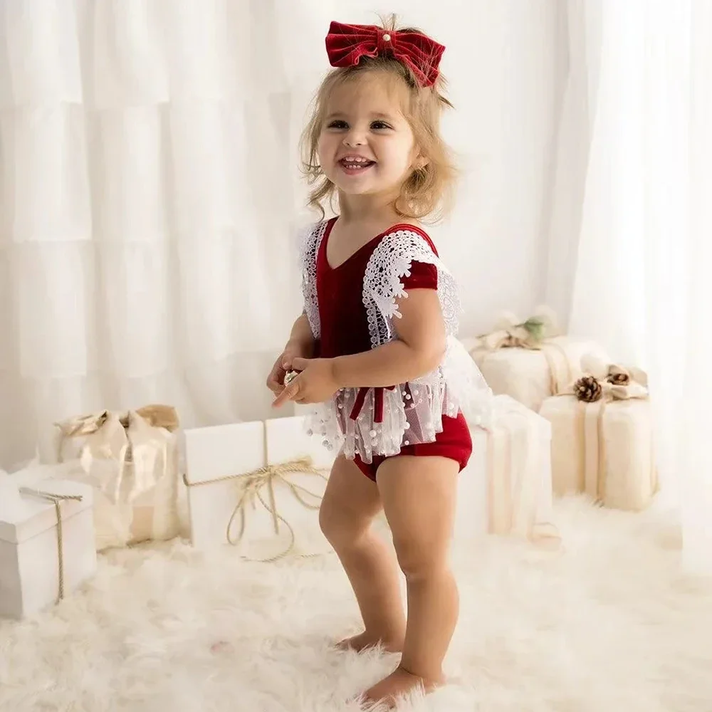 

Newborn Velvet Lace Romper Baby Girl Photography Outfit | Christmas Infant Clothes Studio Photo Shoot Prop