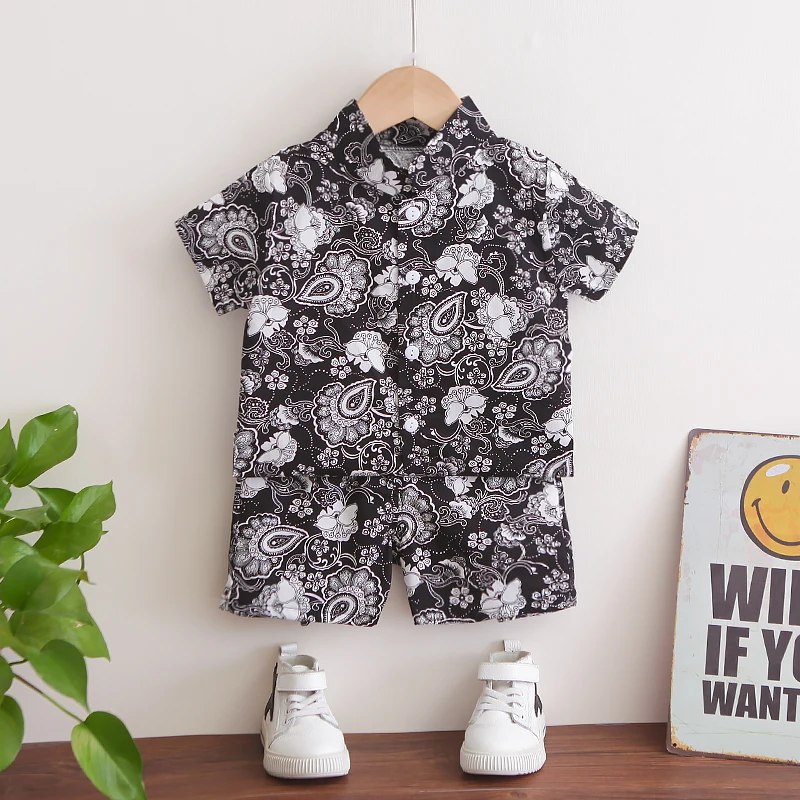 Children's Clothes Summer  Boy Babys Clothing Short Sleeve Shirt Print Suit Baby Clothes Two Sets Of Cotton Cashew Flower