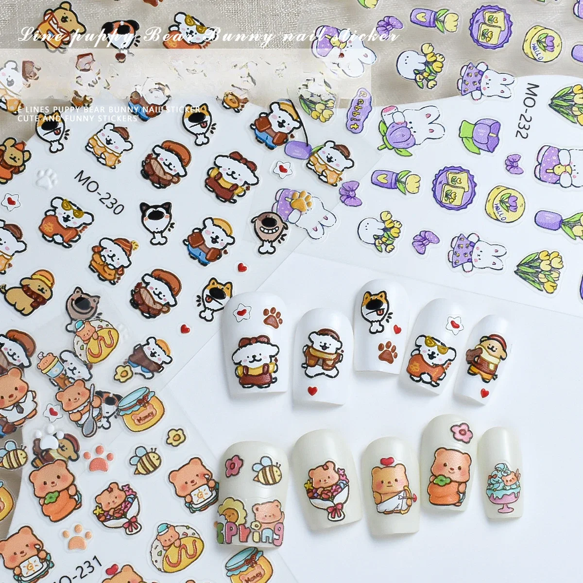 Cherry Blossom Sweet Cool Style Small Animal Nail Stickers Jewelry 5D Cartoon Butter Bear Line Puppy White Rabbit Nail Stickers