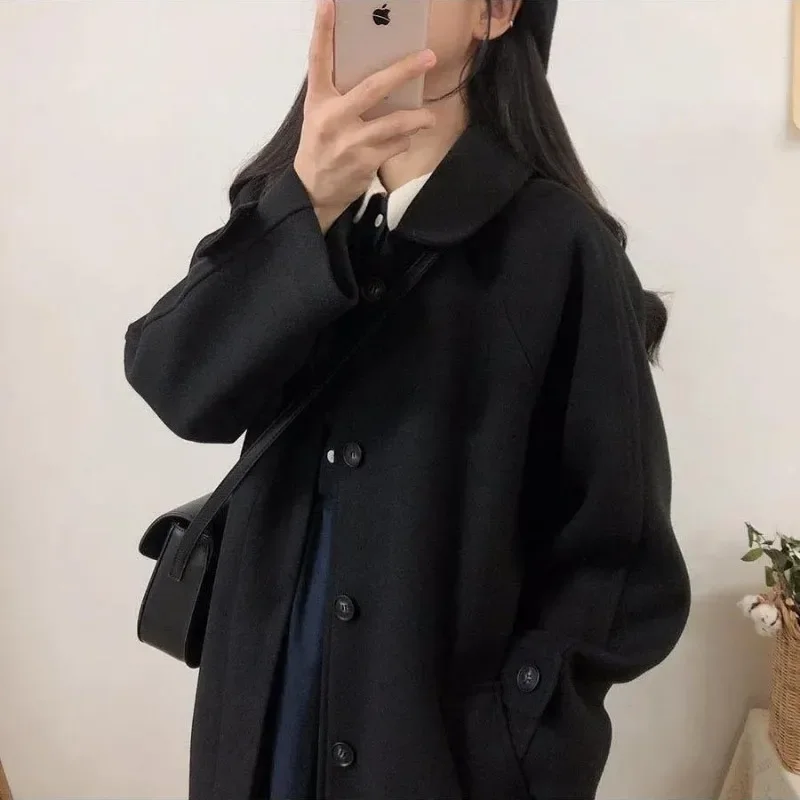 Women Elegant Black Blends Coats Autumn Winter Turn Collar Single Breasted Commute Coat Mid-Length Warm Chic Jackets New Parkas