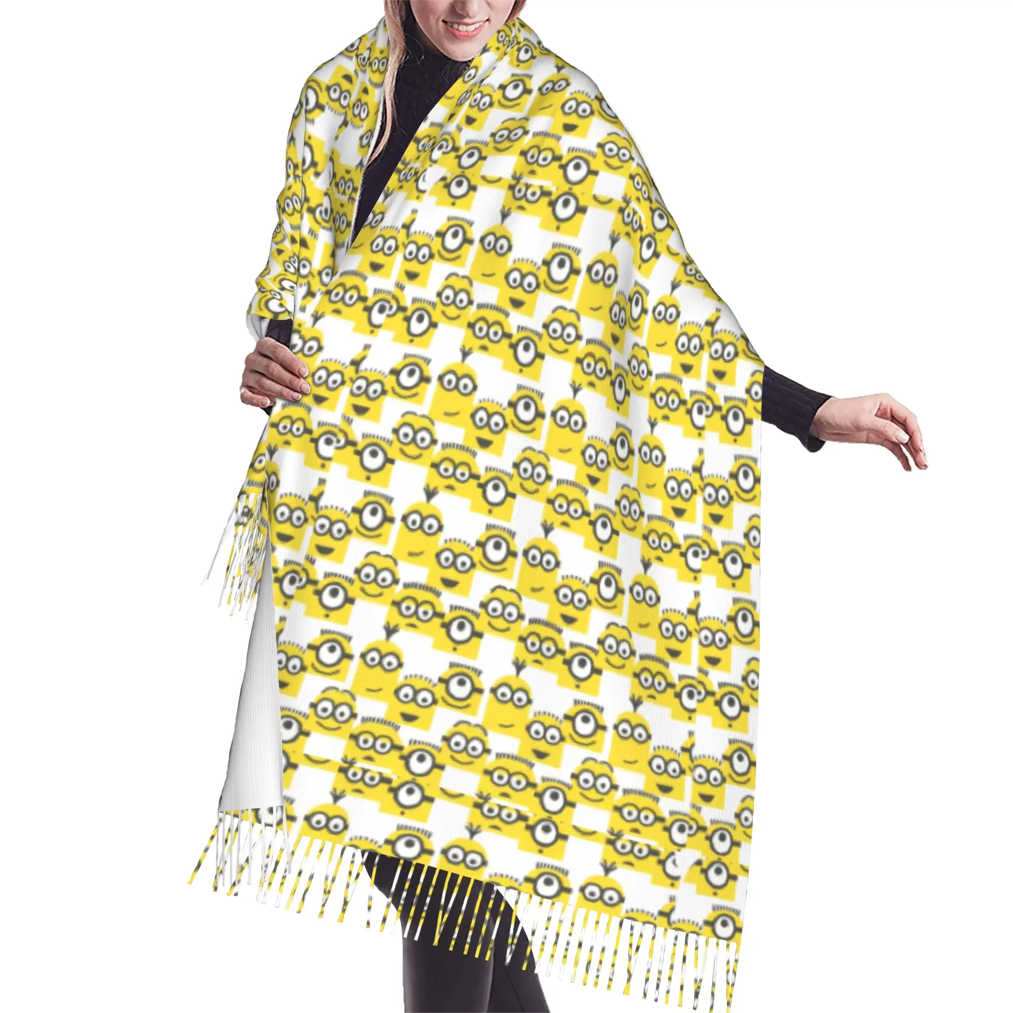 Custom Lady Long M-Minioned Anime Scarves Women Winter Soft Warm Tassel Shawl Wrap Manga Cartoon Scarf