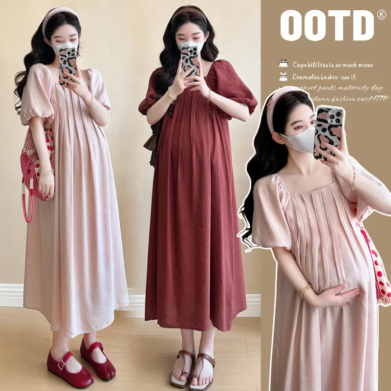 

Korean Style Maternity Summer Dress Lightweight Loose Fit Square Neck Mid-Length Dress Sweet Youthful for Late Pregnancy