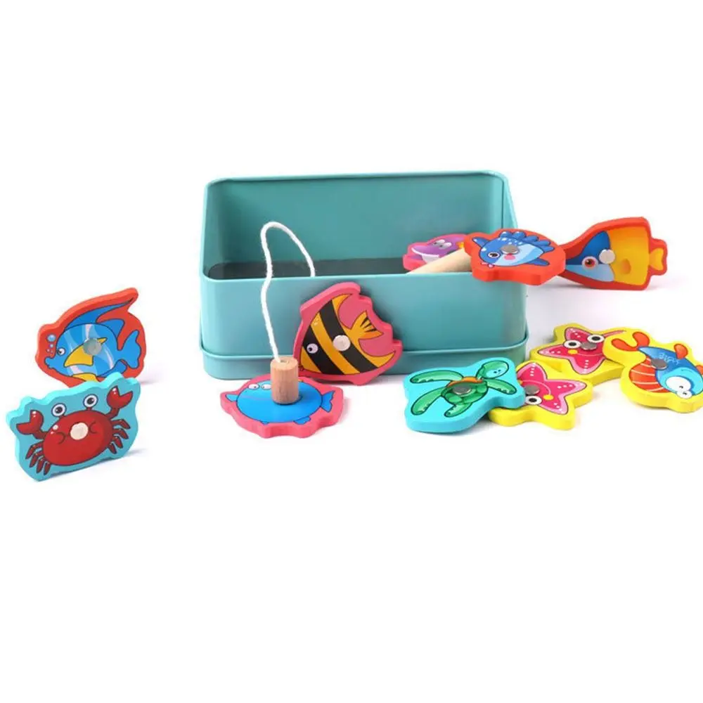 Multicolor Montessori Fishing Game Cartoon Fish Wood Magnetic Fishing Toy Magnetic Design Metal Box Packaging Educational Toy