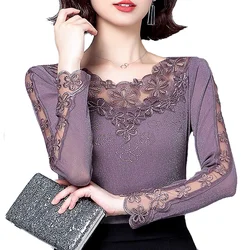 M-4XL Round neck Lace bottoming shirt Female Long-sleeved Mesh Tops Hot Sale clothing Patchwork Flower Women T shirt V1043