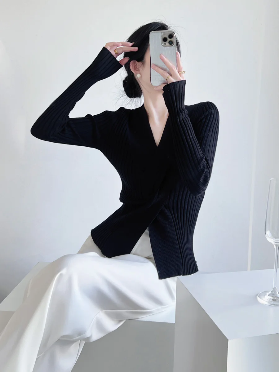 

Spring New Design Slim Fit V-Ne Cross Knitted Sweater Women's Base Layer Heart Mechanism Long Sve Commute Sle Knitwear