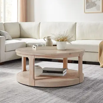 Image Round Coffee Table, Round End Table 2 Tier Wood Coffee Table Round Circle Coffee Table for Living Room