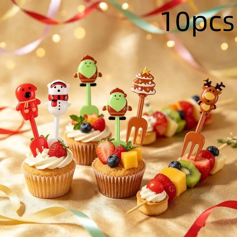 (Ce14)10Pc Christmas Cartoon Fruit Forks With Cute Santa Reindeer Snowman Tree Designs Perfect For Holiday Party Dessert Cupcake