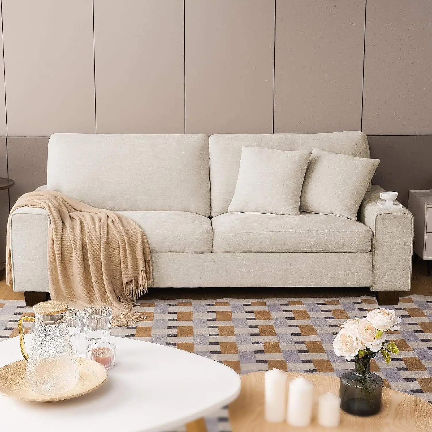 71.25 Inch Chenille Loveseat Sofa Beige Modern Living Room Couch Removable Washable Cover Pocket Spring Cushions Solid Wood Fram