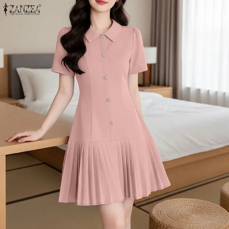 Elegant Women's Pleated Mini Dress Turn-Down Collar Half-Button Short Sleeve A-Line Dresses ZANZEA Minimalist Solid Robes Femme