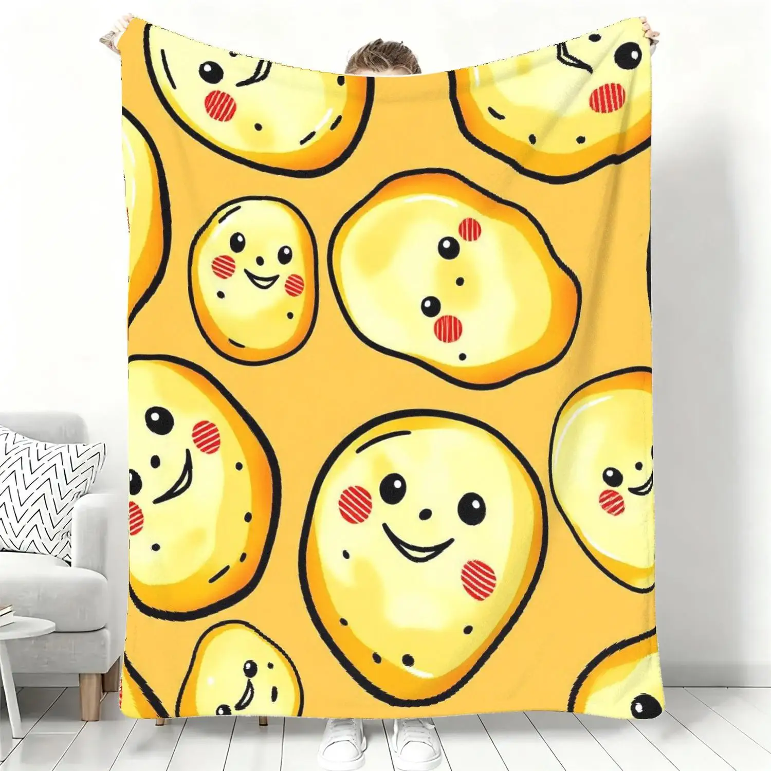 [Flannel Blanket] Cute Cartoon Potato Print Blanket, Fun and Cozy Warm Yellow Living Room Decoration, Gift for Food Lovers