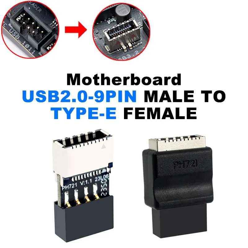 

Motherboard USB 2.0 9-Pin to USB C Type-E Front Panel Header Key-A Socket to 9Pin Connector Extension Adapter for Desktop PC