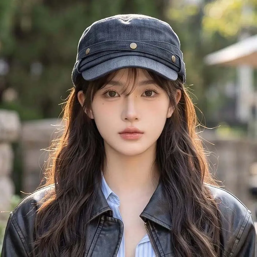 Washed Denim Denim Flat Hat Metal Button Flat Crown Vintage Visor Hat Breathable Adjustable Strap Retro Equestrian Cap