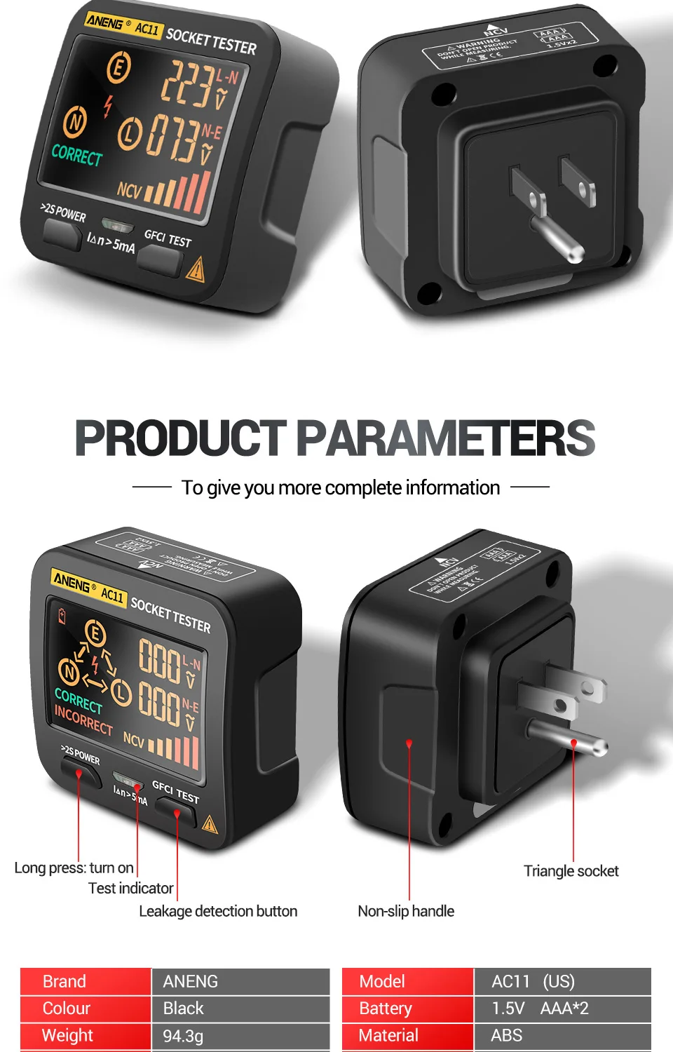 ANENG AC10/AC11 Steckdosendetektor US/EU/UK Stecker Ground Zero Line Stecker Polarität Phasendetektor Steckdosentester Smart Digital Tester – Detail 4