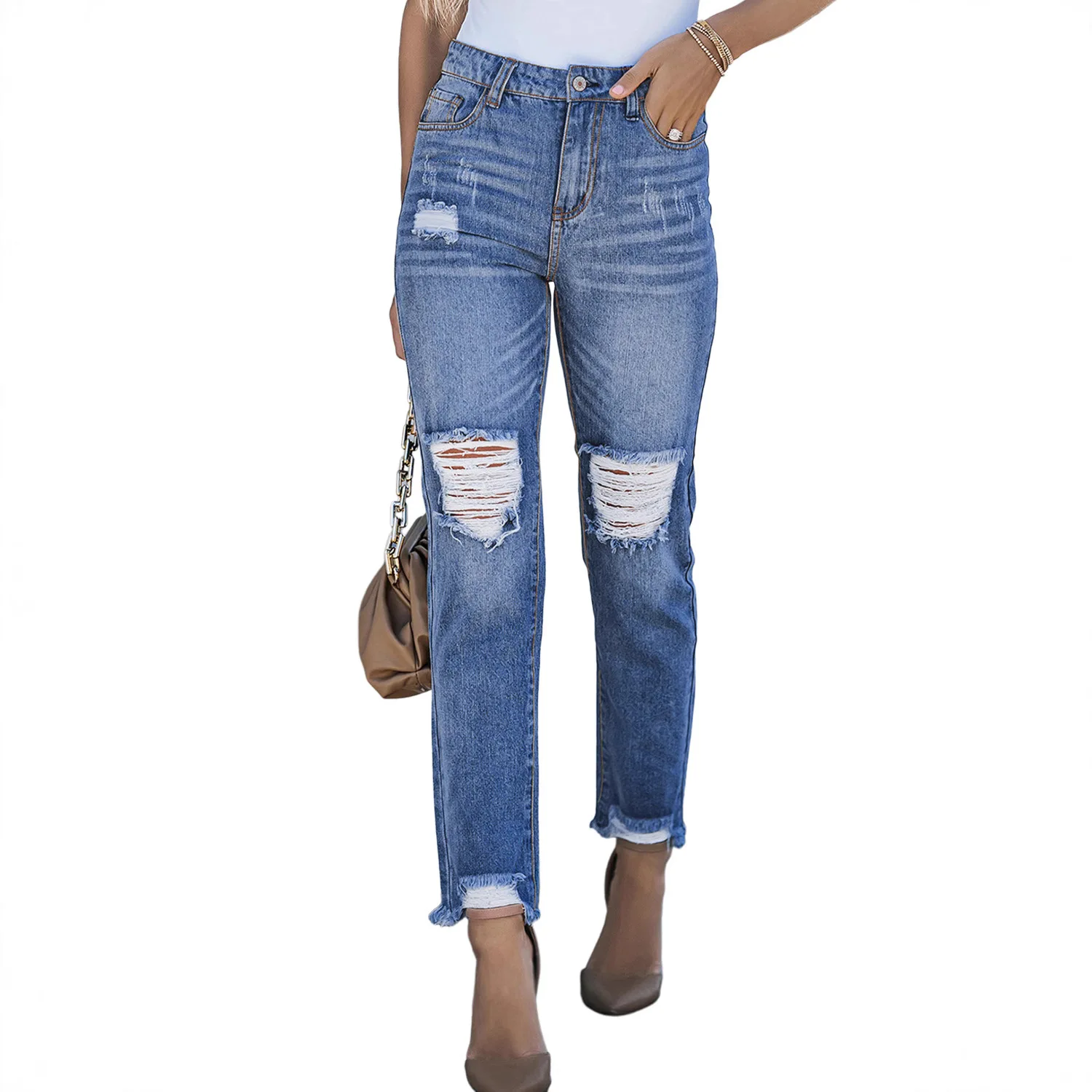 

Женские прямые джинсы со средней талией, укороченные однотонные джинсы с вырезом и необработанными краями LD800029