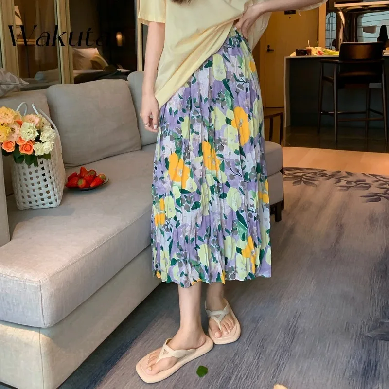 WAKUTA 2024 Summer Korean Retro High Waist Slimming Robe Classic Floral Ins Folded Dresses Beach Party Y2k Skirt 니트 스커트